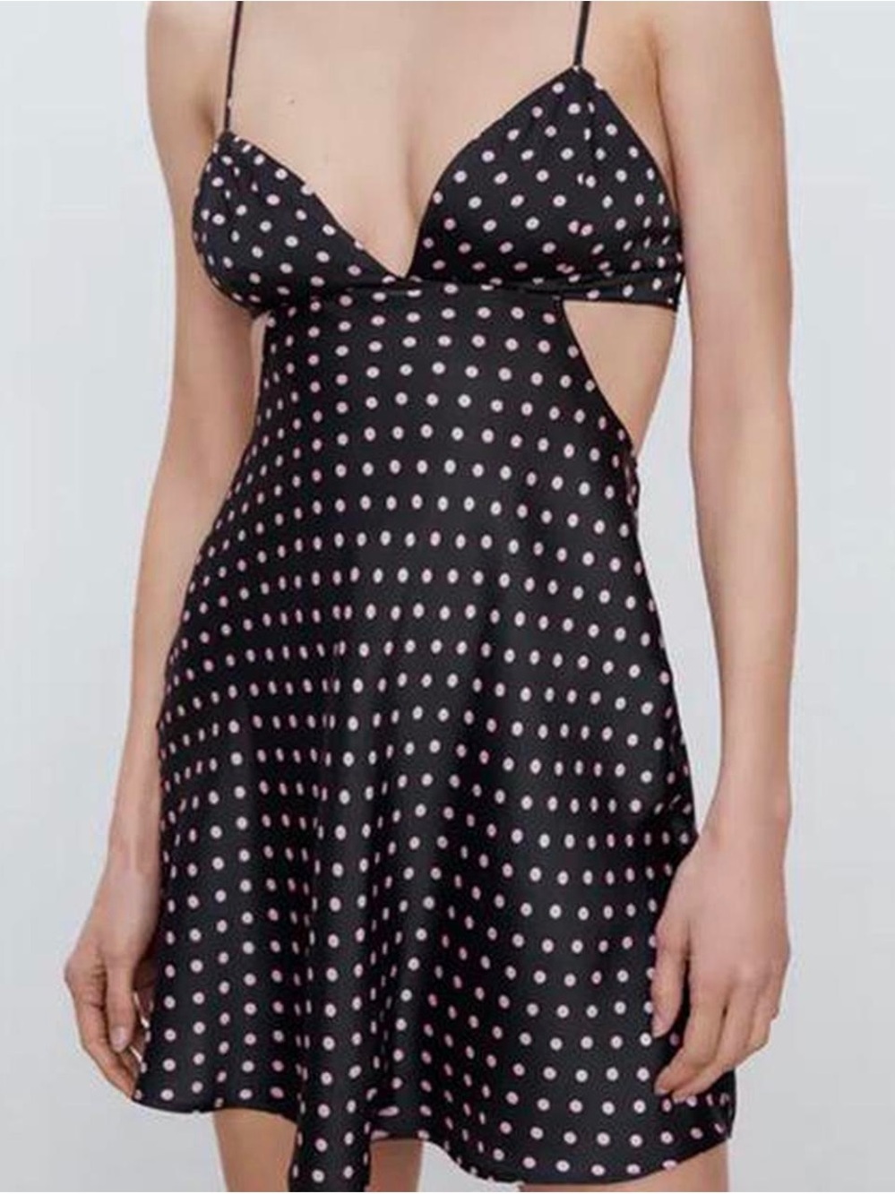 Zara Black Mini Slip Dress with Pink Polka Dots